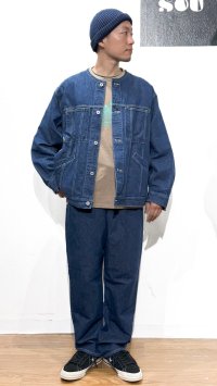 画像1: UNFRM OUTDOOR STANDARD (ユニフォーム アウトドア スタンダード)  /  COTTON LINEN DENIM  NO COLLAR SHORT JACKET  INDIGO  (綿麻デニム）